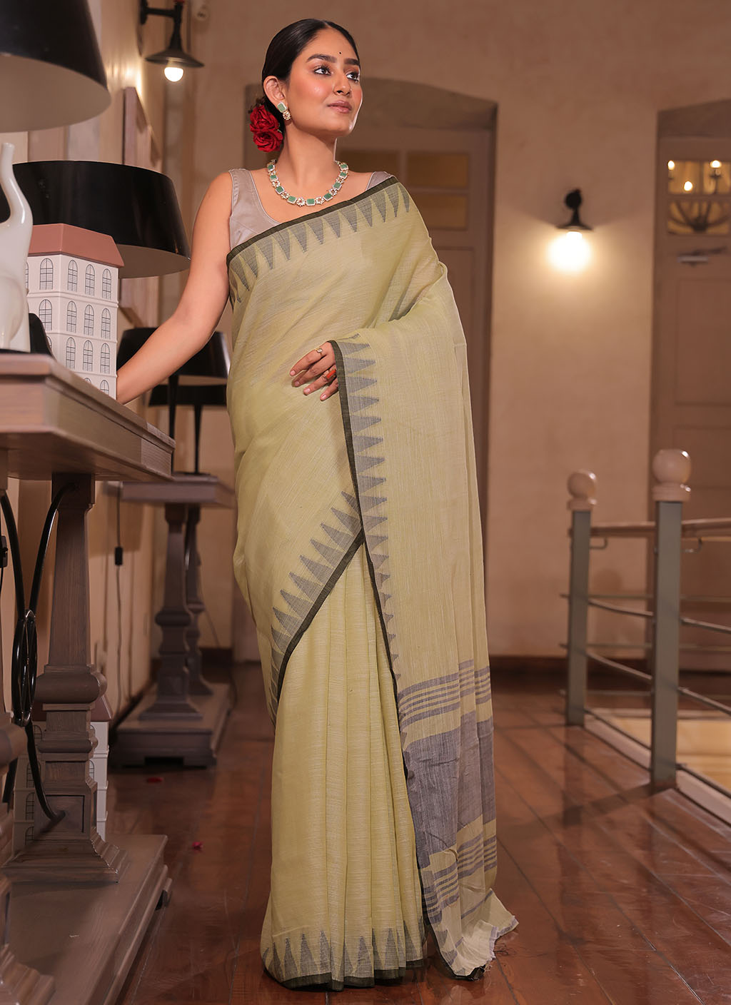 The Rupashri Linen & Contemporary Temple Border Saree