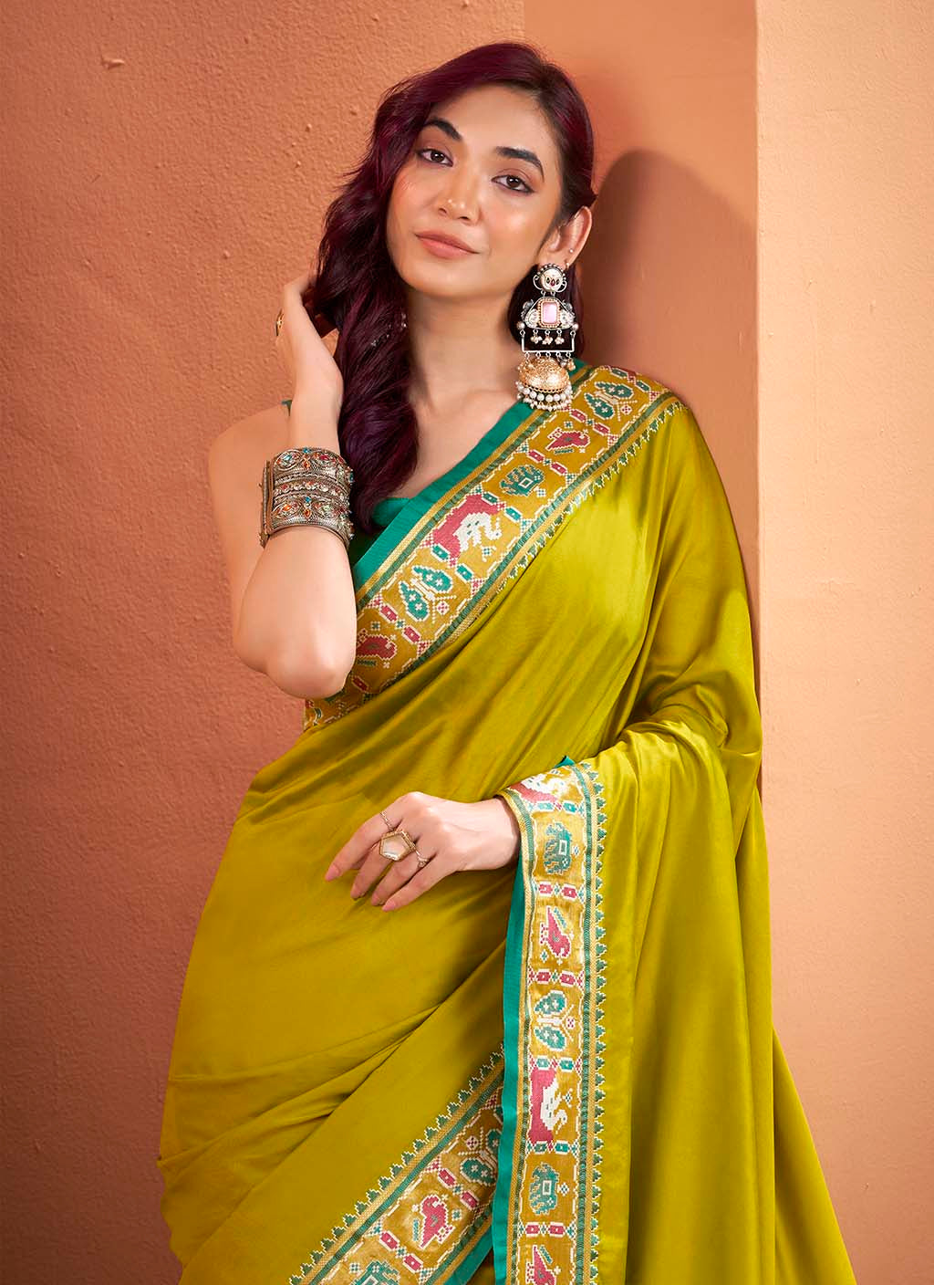 Olive Green and Teal Blue Silk Patola Saree
