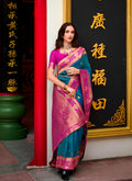 Duel-Tone Teal Blue & Rani Pink Banarasi Silk Saree