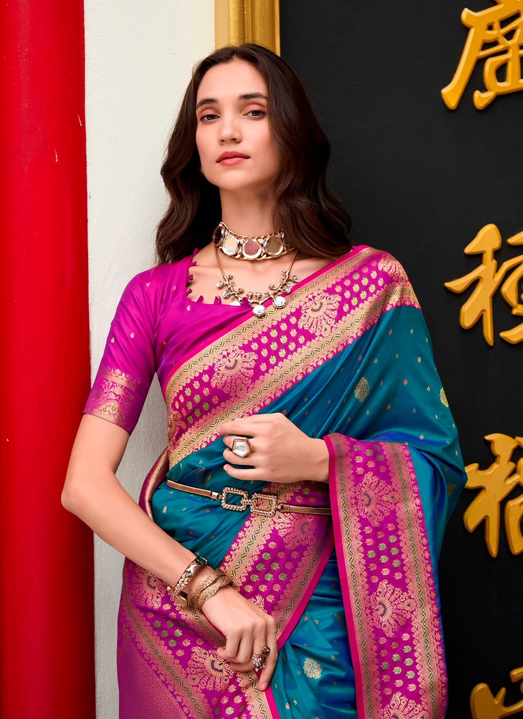 Duel-Tone Teal Blue & Rani Pink Banarasi Silk Saree