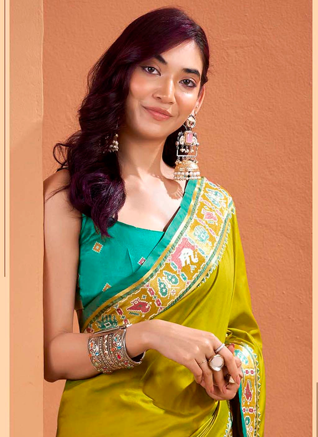 Olive Green and Teal Blue Silk Patola Saree