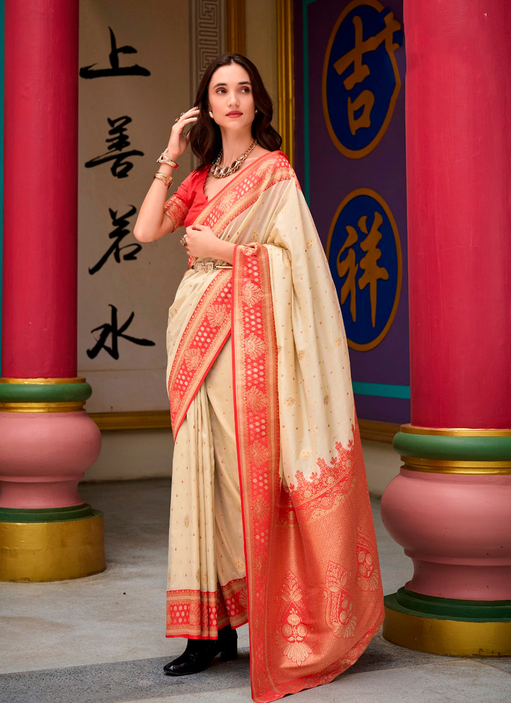 Duel-Tone Ivory Cream & Coral Pink Banarasi Silk Saree