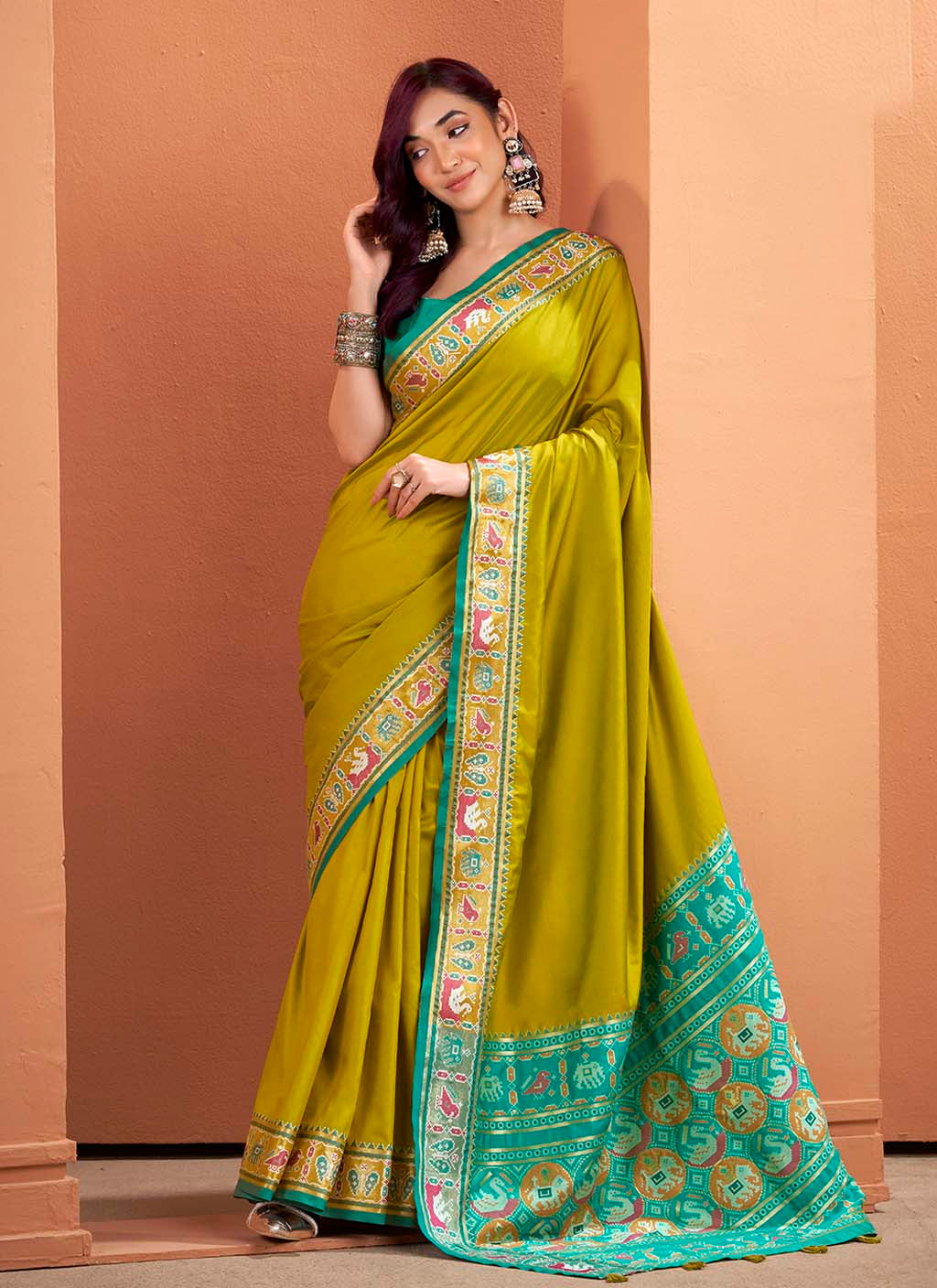 Olive Green and Teal Blue Silk Patola Saree