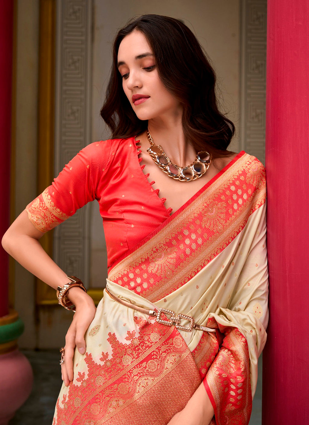 Duel-Tone Ivory Cream & Coral Pink Banarasi Silk Saree