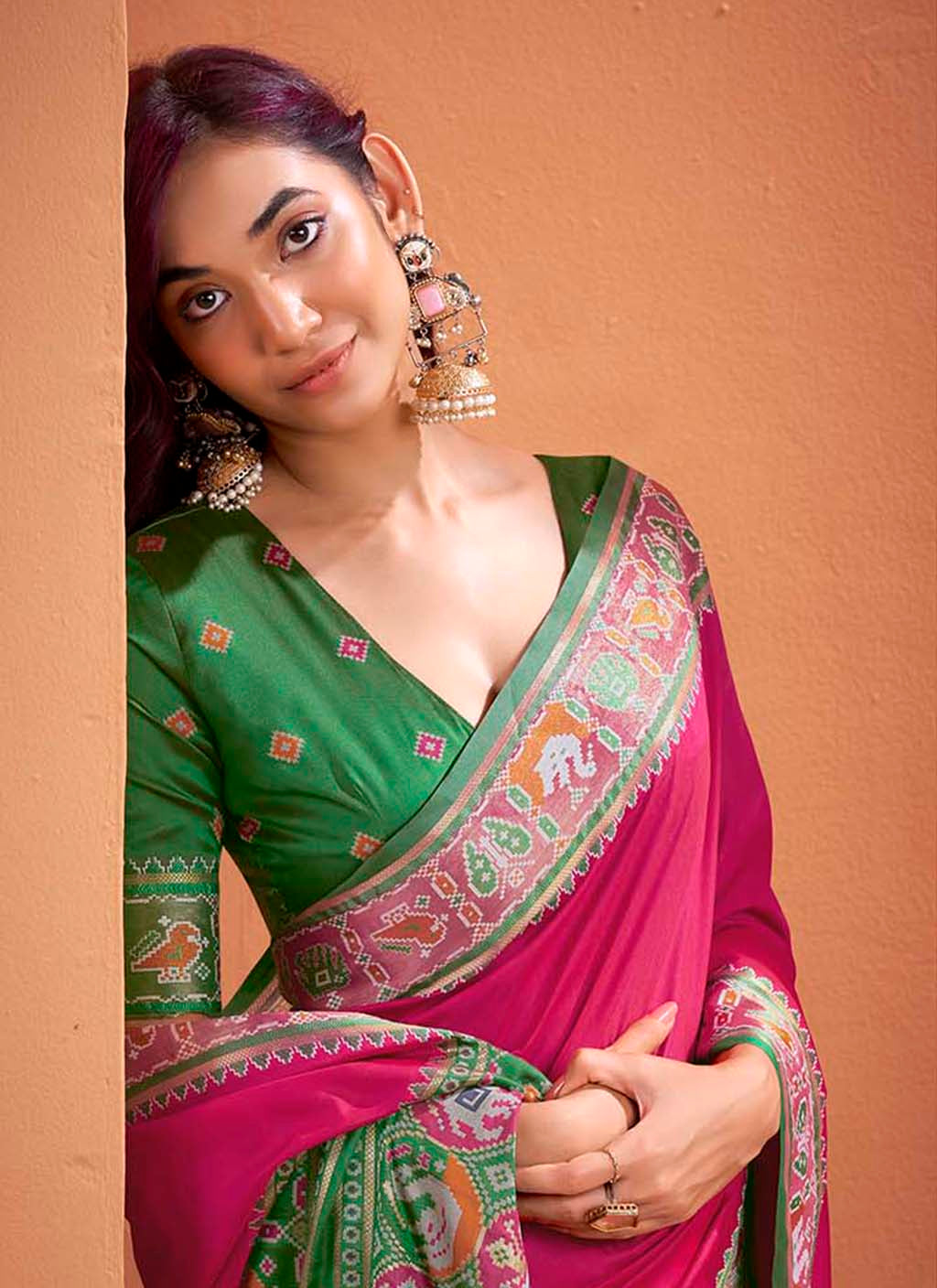 Magenta Pink and Green Silk Patola Saree