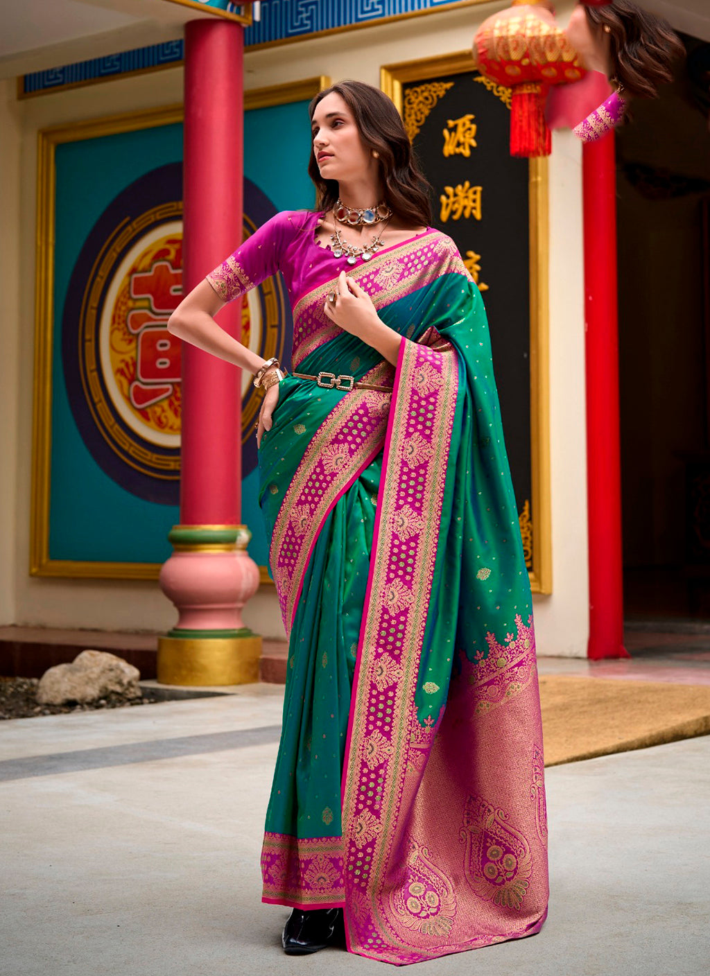 Duel-Tone Emerald & Royal Orchid Banarasi Silk Saree