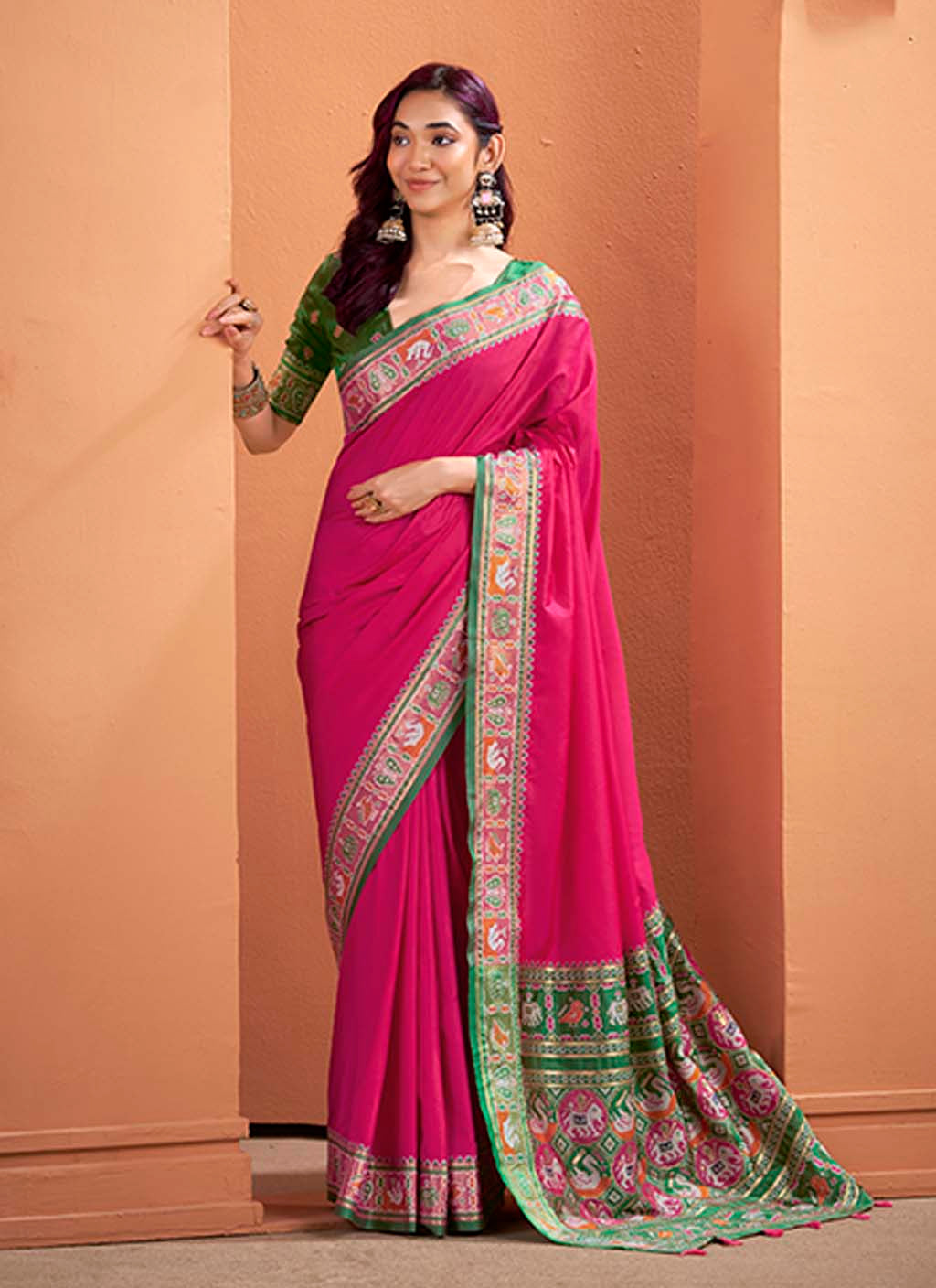 Magenta Pink and Green Silk Patola Saree