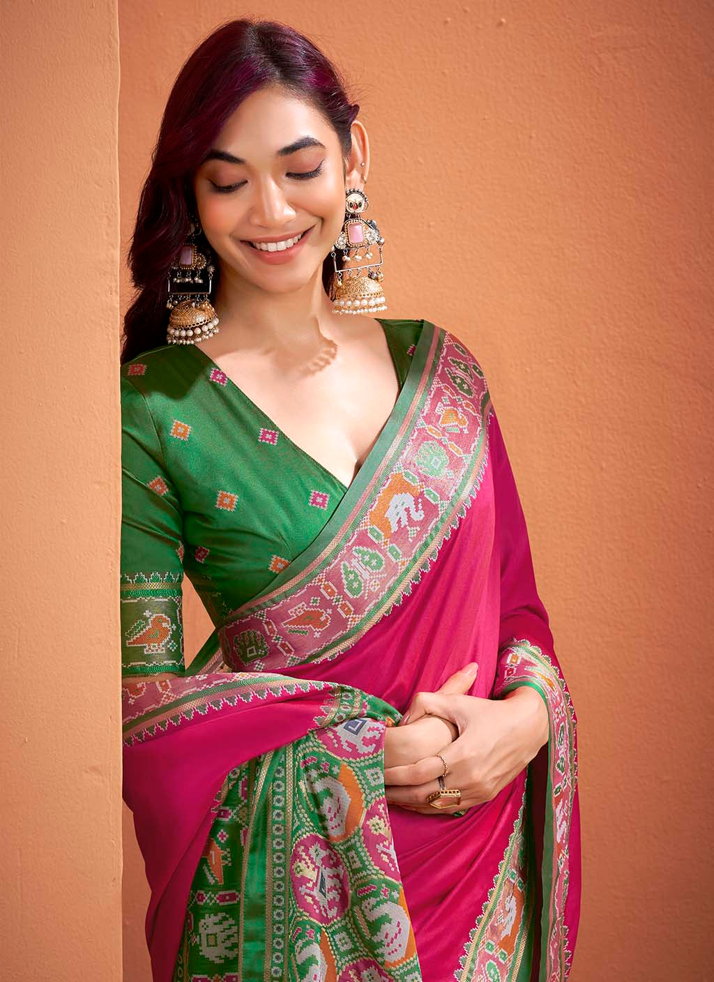 Magenta Pink and Green Silk Patola Saree