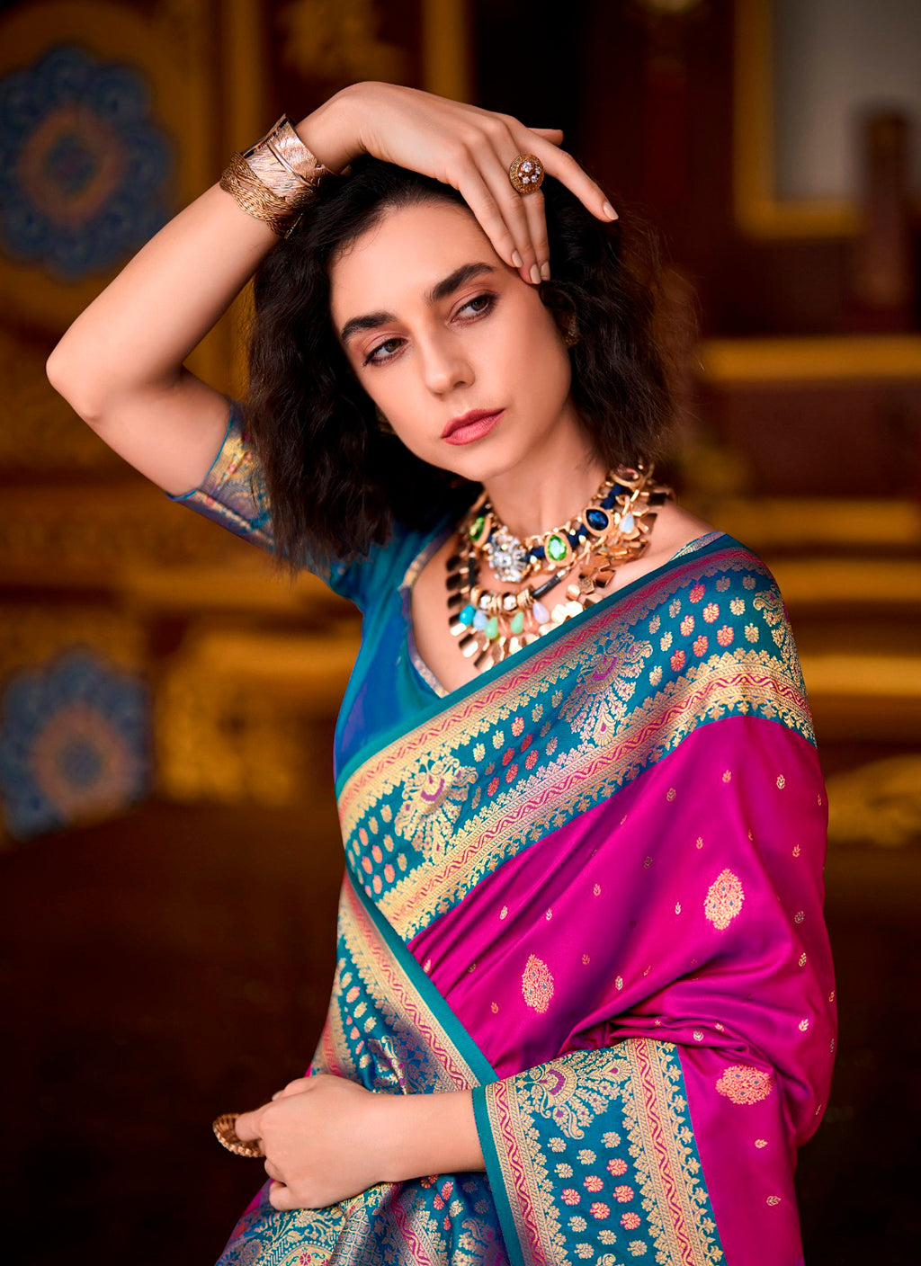 Duel-Tone Royal Mulberry & Peacock Teal Banarasi Silk Saree