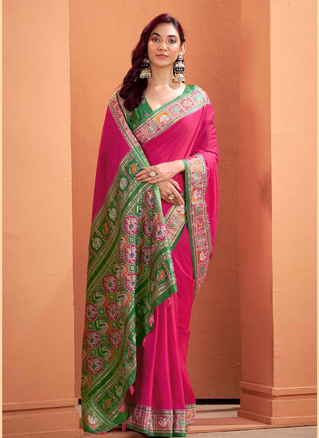 Magenta Pink and Green Silk Patola Saree