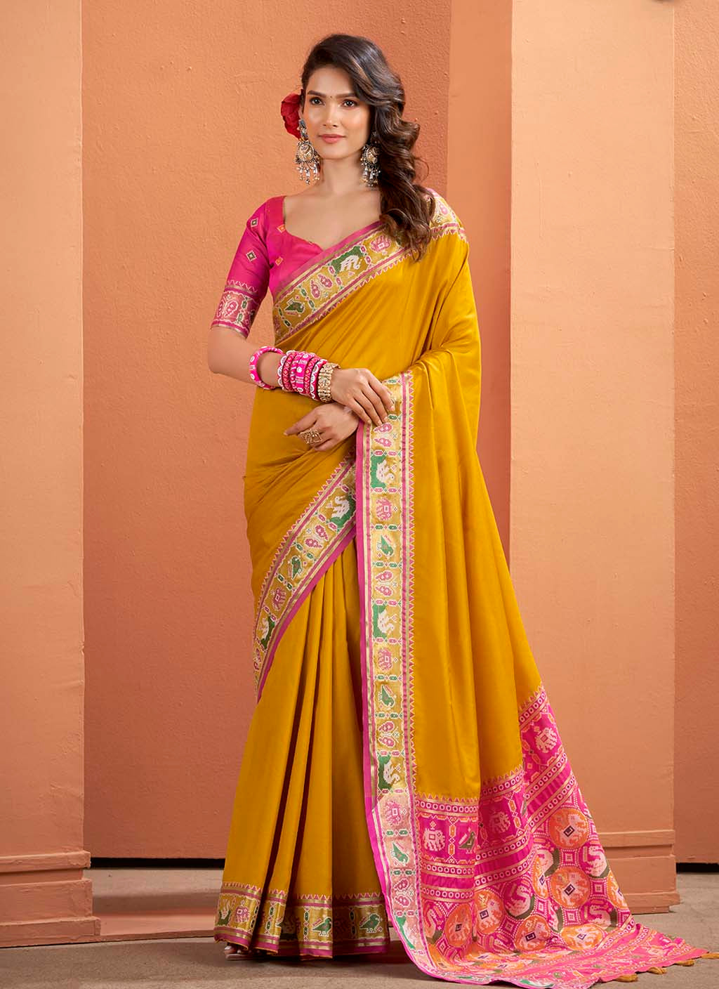 Mustard Yellow and Magenta Silk Patola Saree