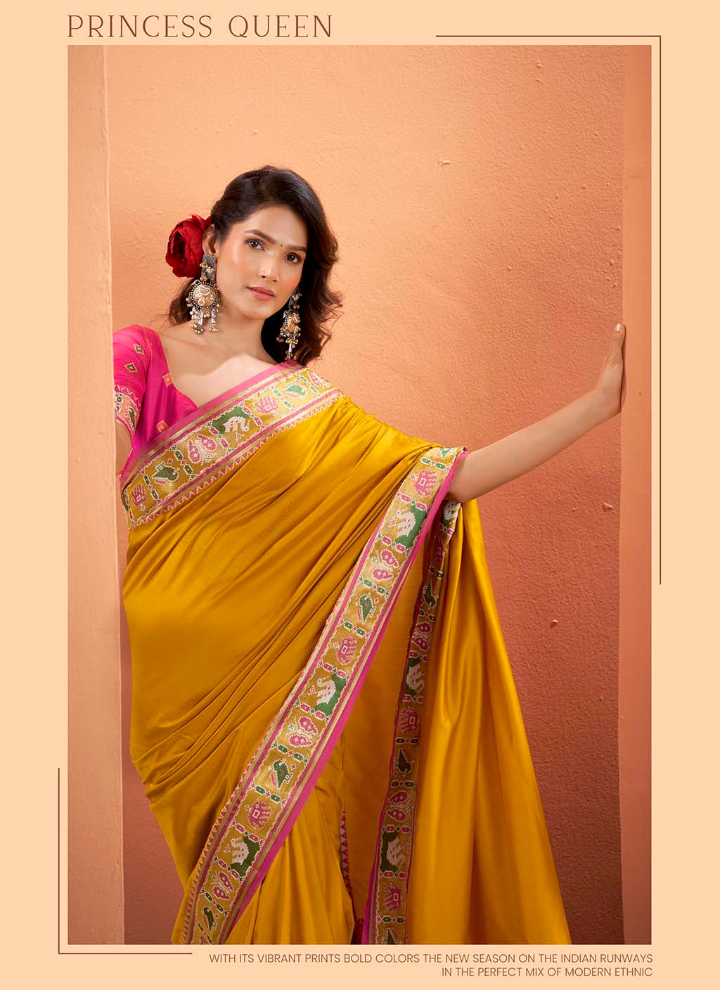 Mustard Yellow and Magenta Silk Patola Saree