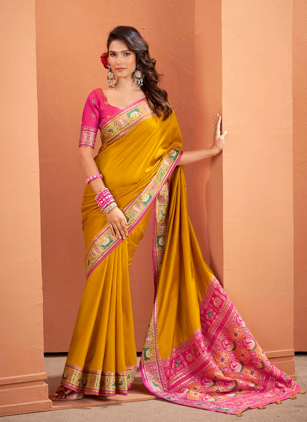 Mustard Yellow and Magenta Silk Patola Saree