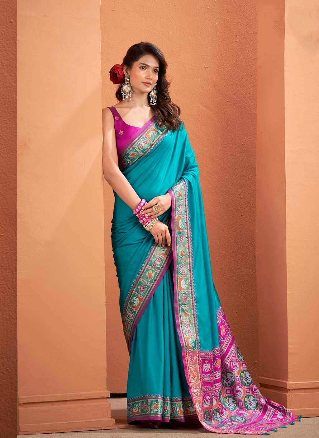 The Midnight Blue & Tangerine Heritage Patola Silk Saree
