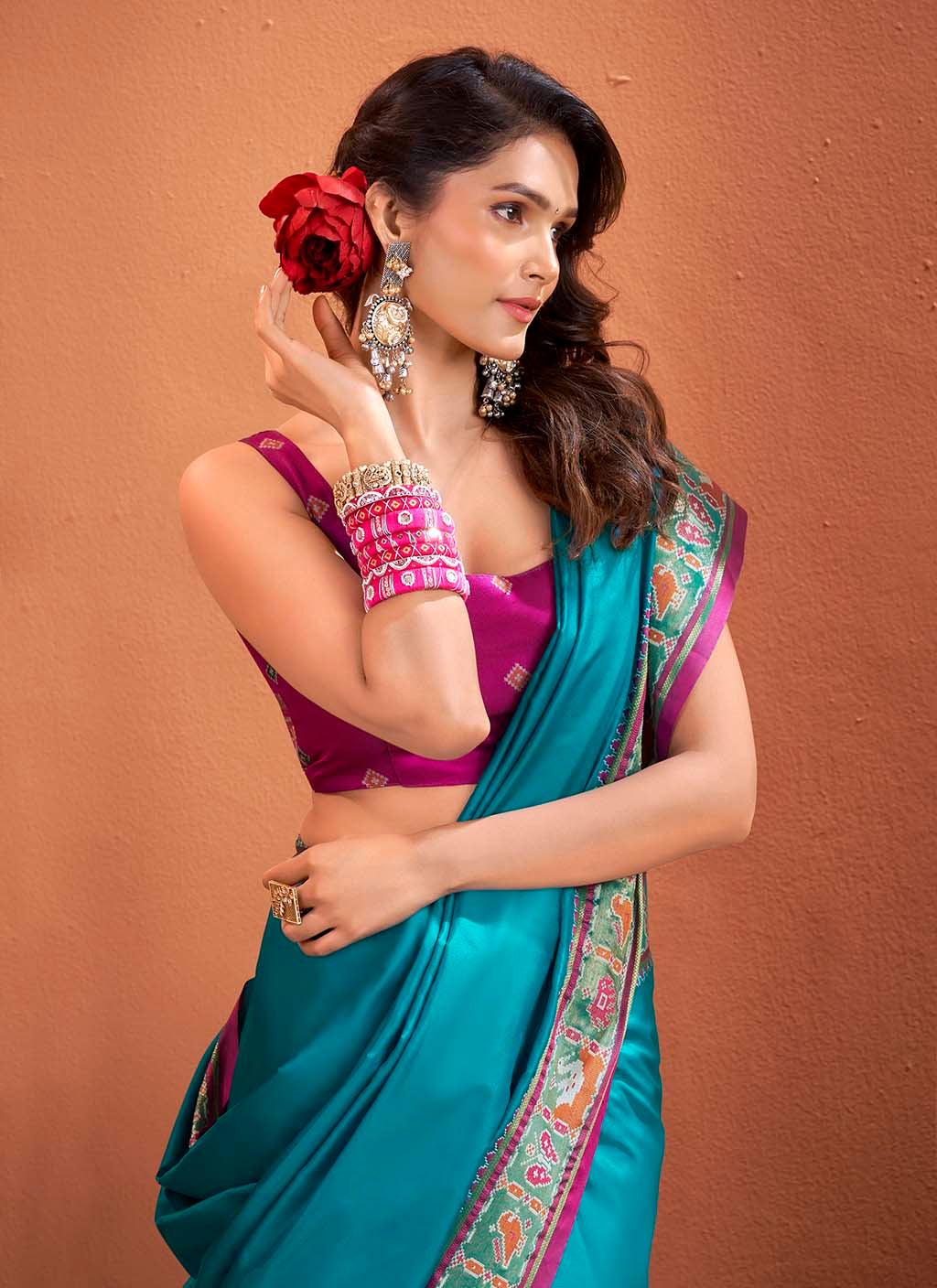The Midnight Blue & Tangerine Heritage Patola Silk Saree