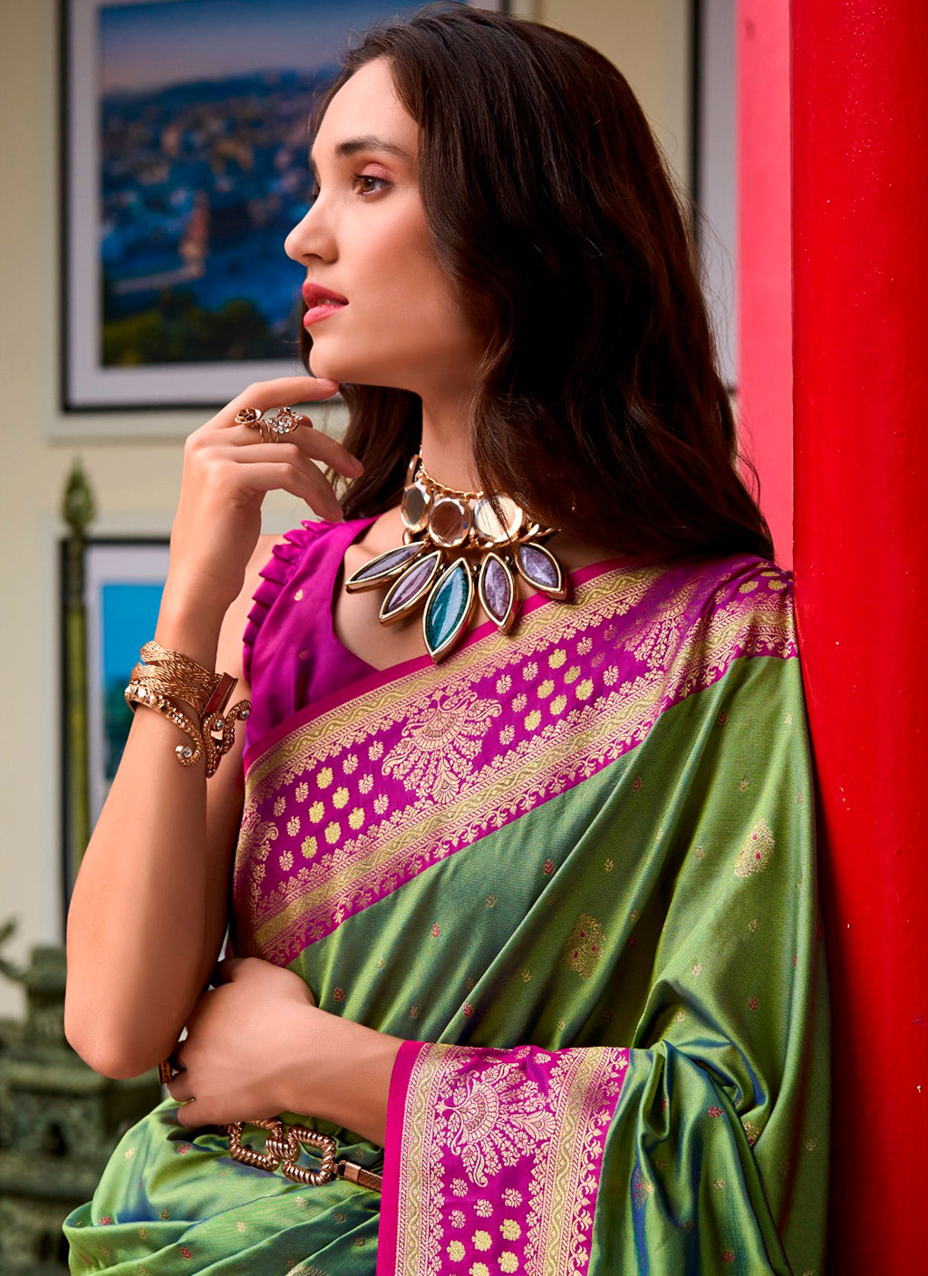 Dual-Tone Pistachio Green & Magenta Pink Banarasi Silk Saree