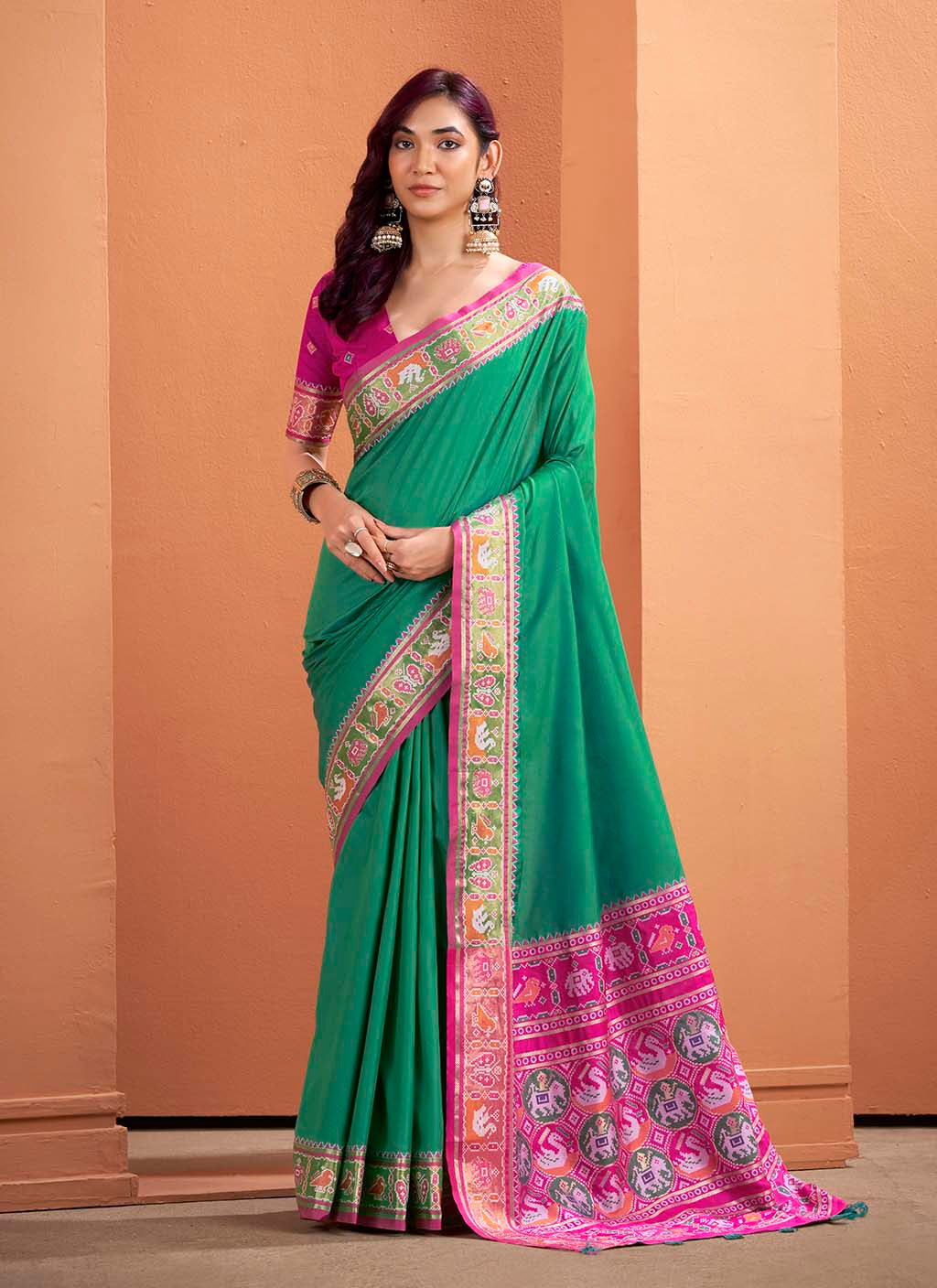 Emerald Green and Magenta Silk Patola Saree
