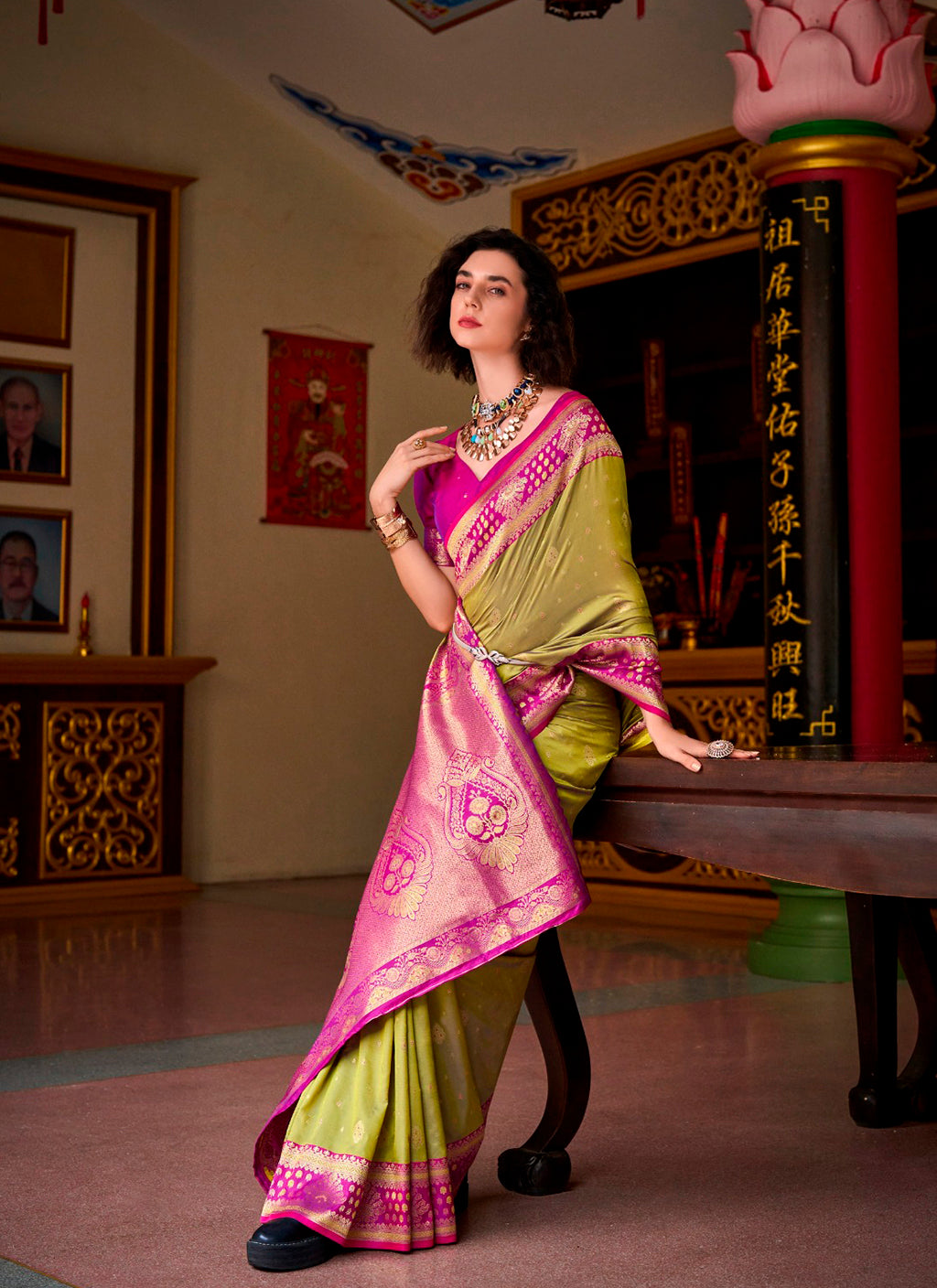 Dual-Tone Olive Silk Saree with Contrast Magenta Brocade Pallu