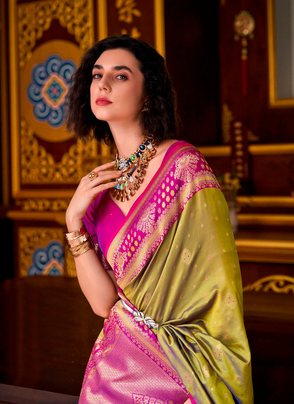 Dual-Tone Olive Silk Saree with Contrast Magenta Brocade Pallu