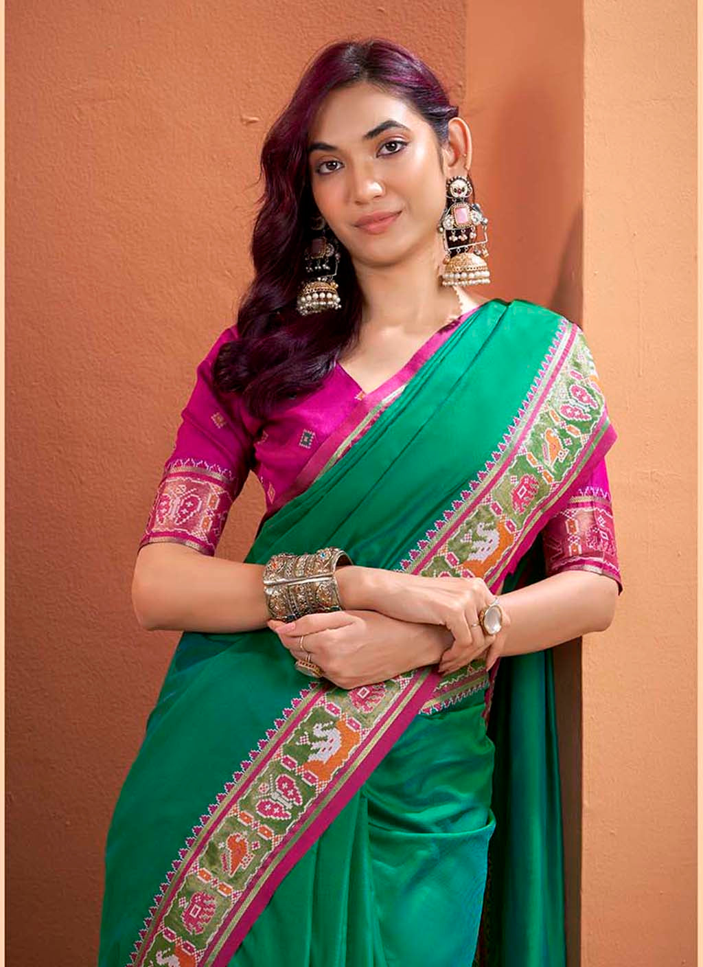 Emerald Green and Magenta Silk Patola Saree