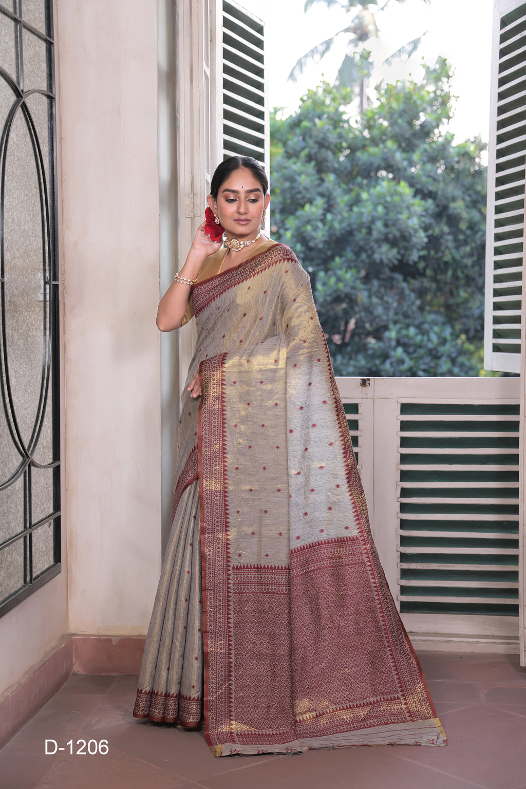 The Deep Maroon Tussar Tissue Silk