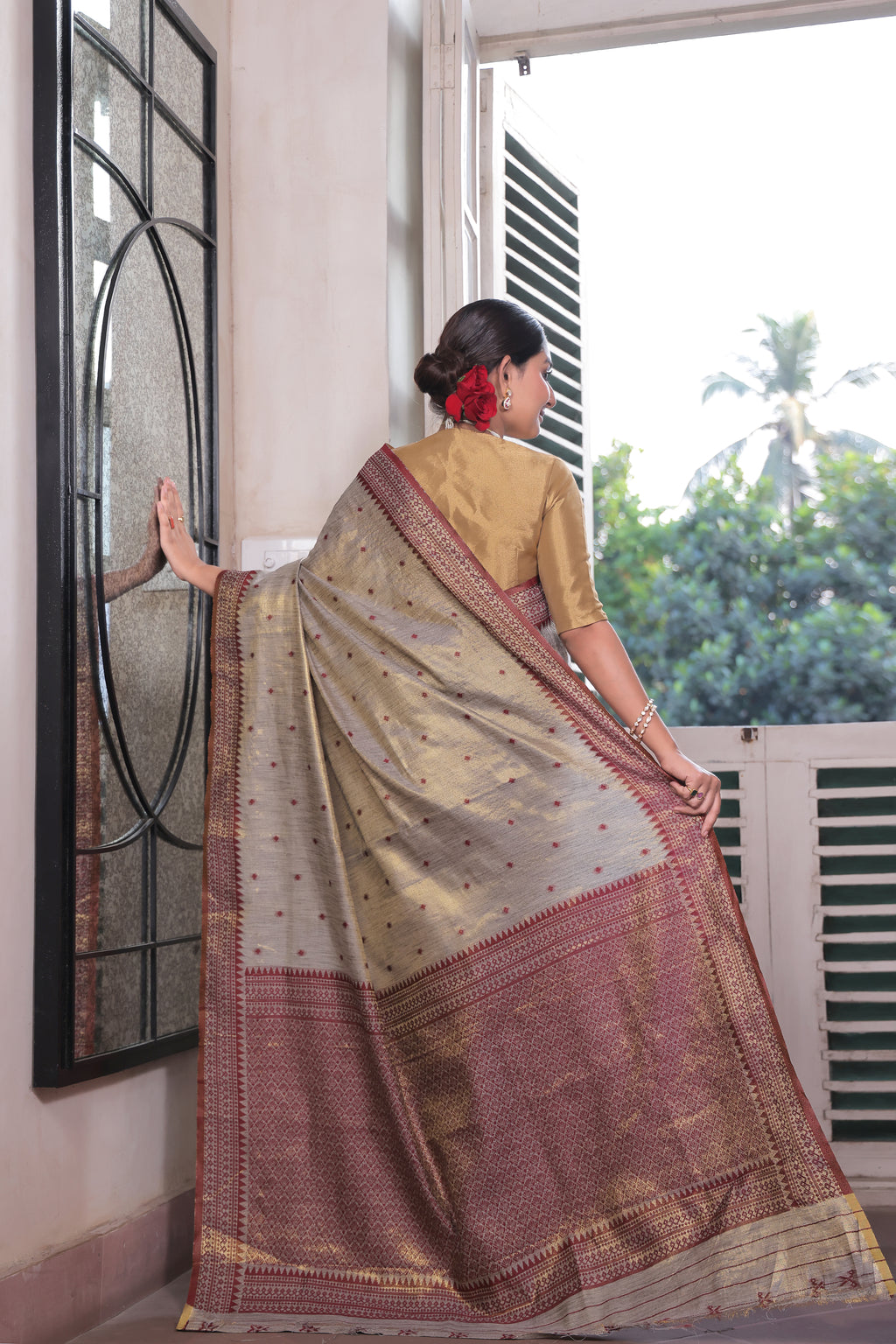 The Deep Maroon Tussar Tissue Silk