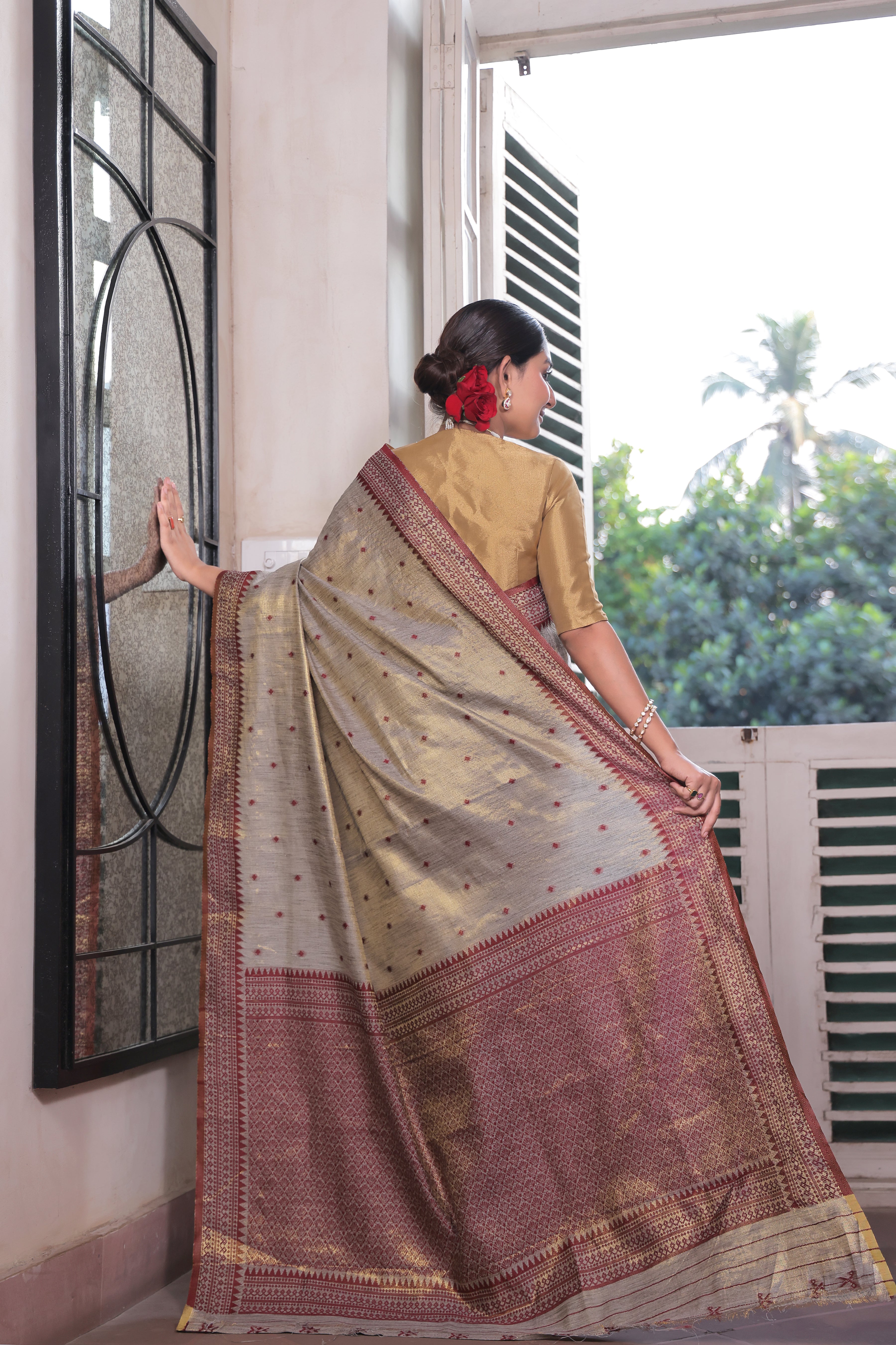 The Deep Maroon Tussar Tissue Silk