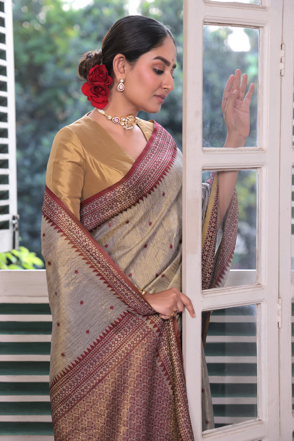 The Deep Maroon Tussar Tissue Silk