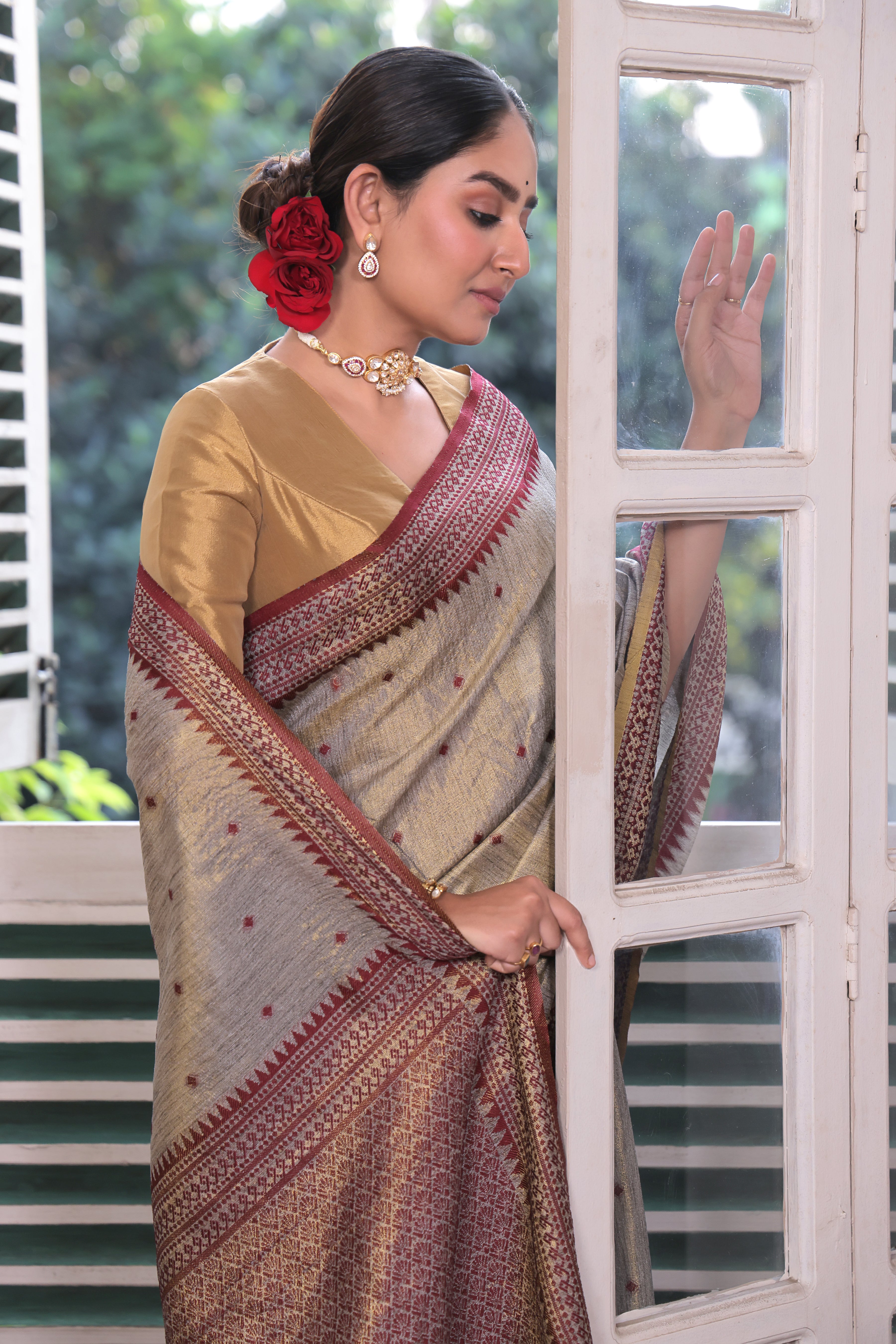 The Deep Maroon Tussar Tissue Silk