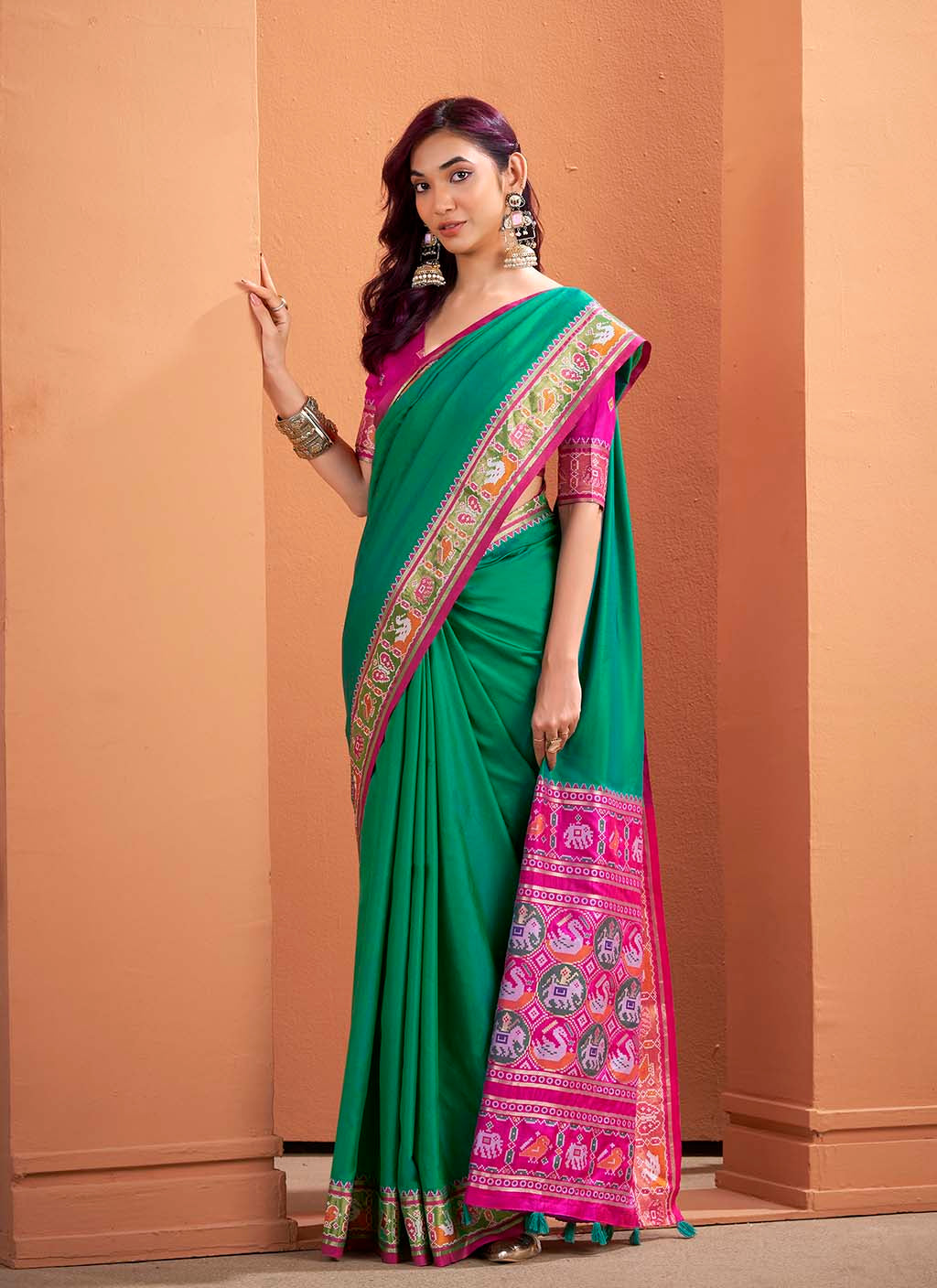 Emerald Green and Magenta Silk Patola Saree