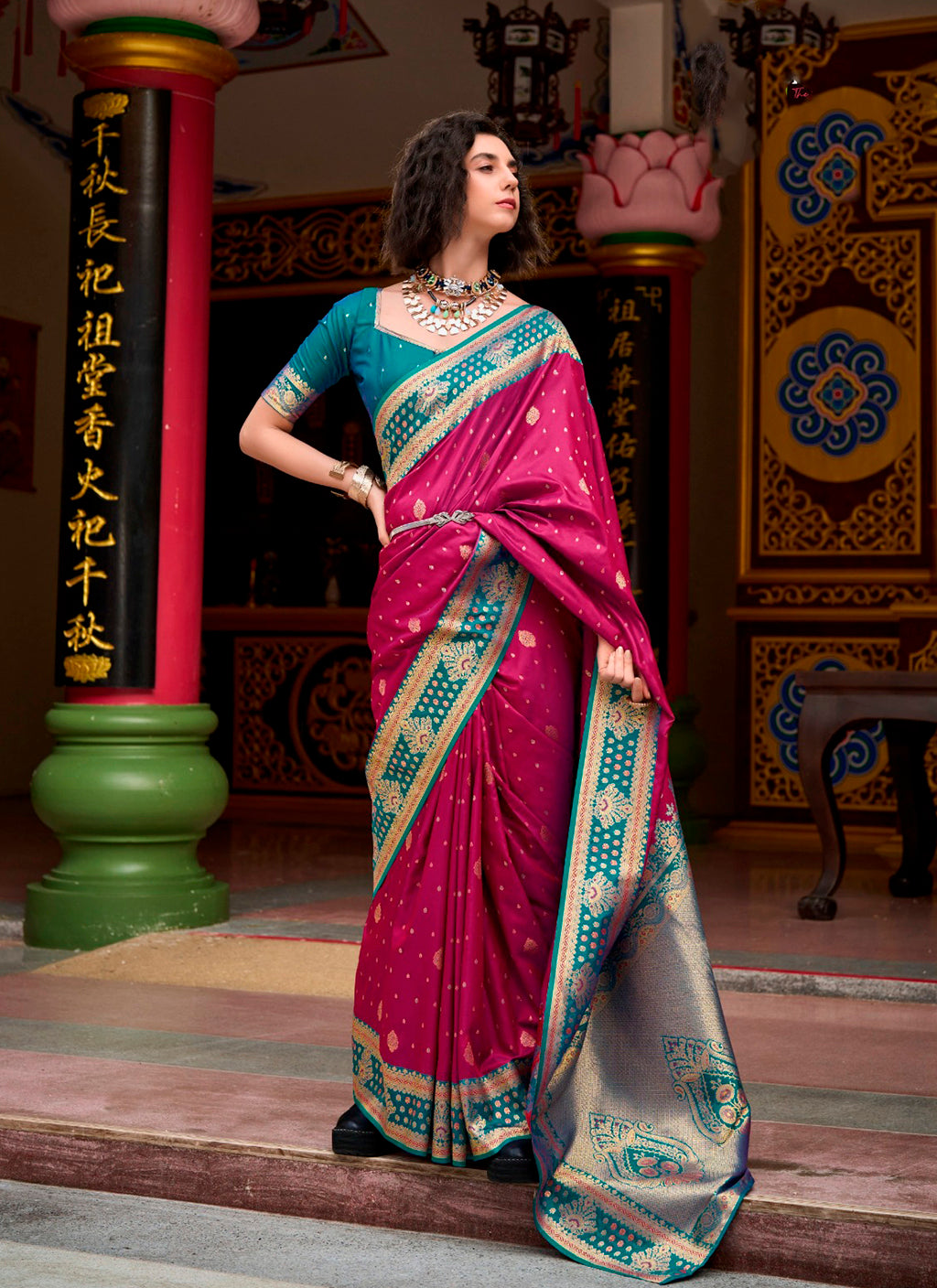 Duel-Tone Royal Mulberry & Peacock Teal Banarasi Silk Saree