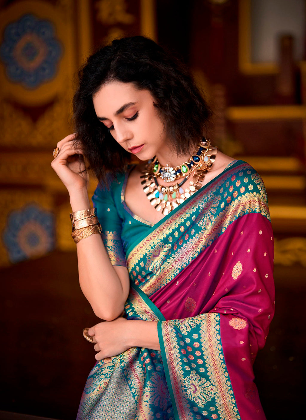 Duel-Tone Royal Mulberry & Peacock Teal Banarasi Silk Saree