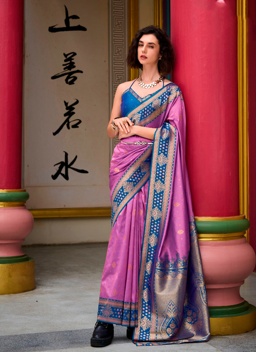 Duel-Tone Lavender Pink and Teal Blue Banarasi Silk Saree