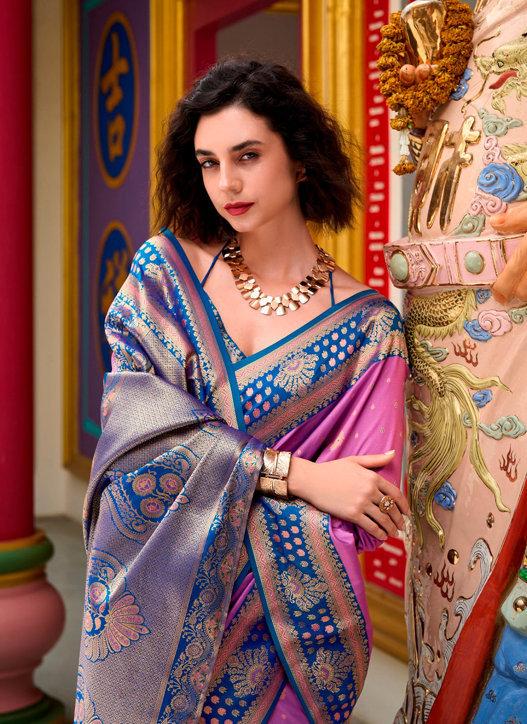 Duel-Tone Lavender Pink and Teal Blue Banarasi Silk Saree