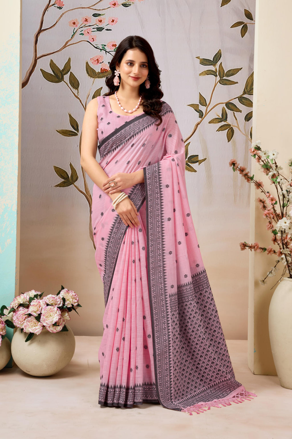 Blush Pink Linen Tissue Saree