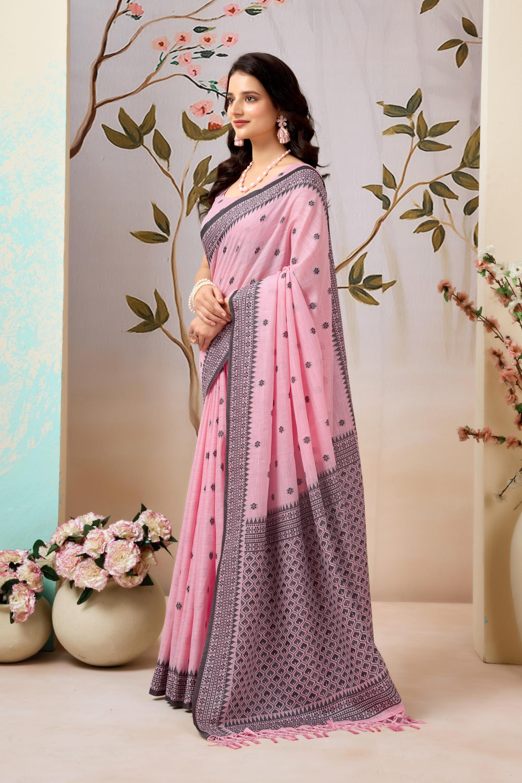 Blush Pink Linen Tissue Saree