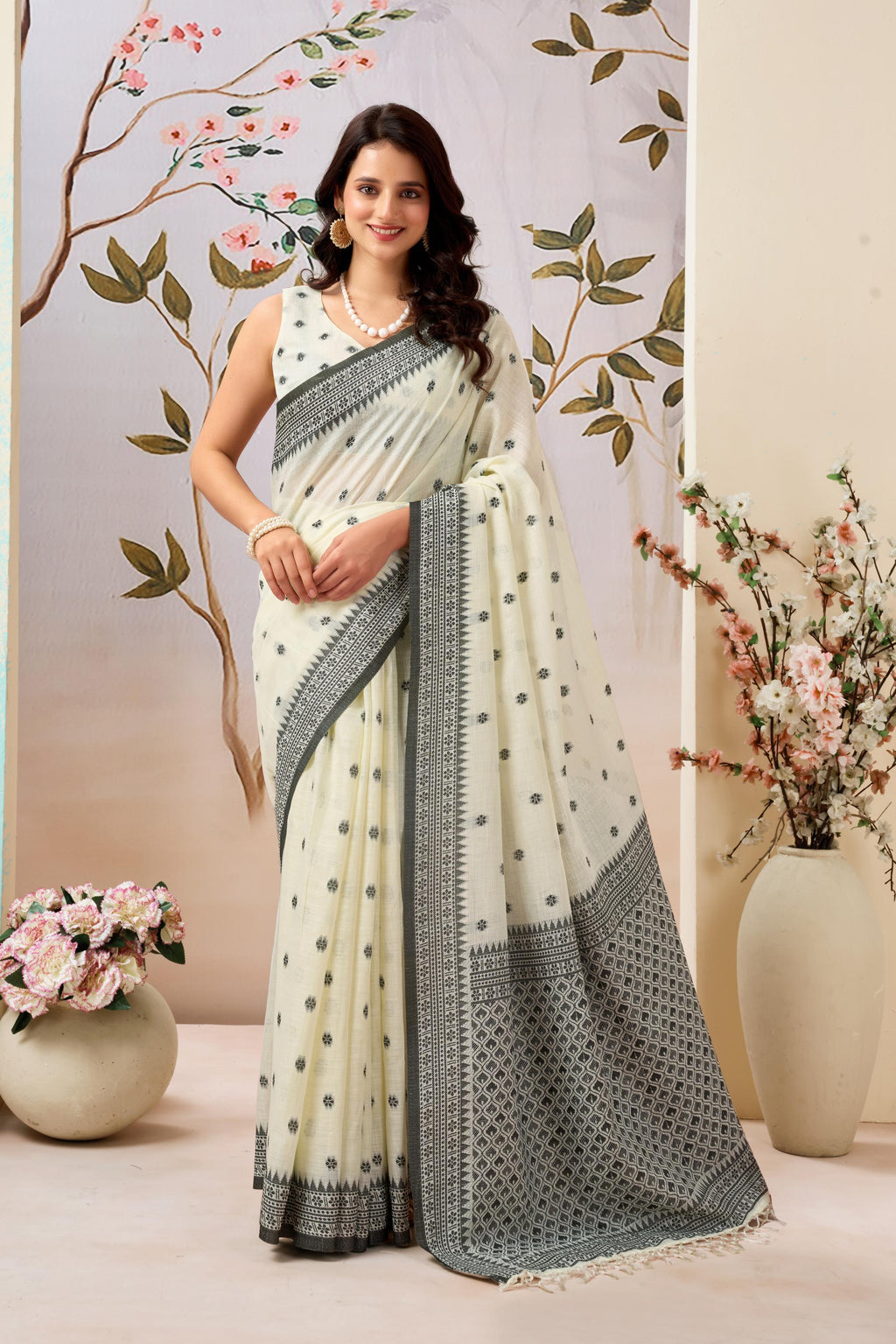 Ivory Pearl Linen Tissue Saree