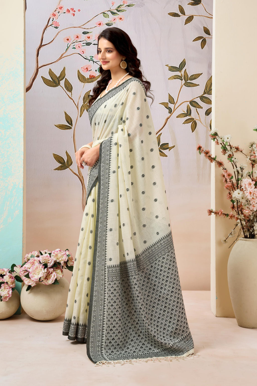 Ivory Pearl Linen Tissue Saree