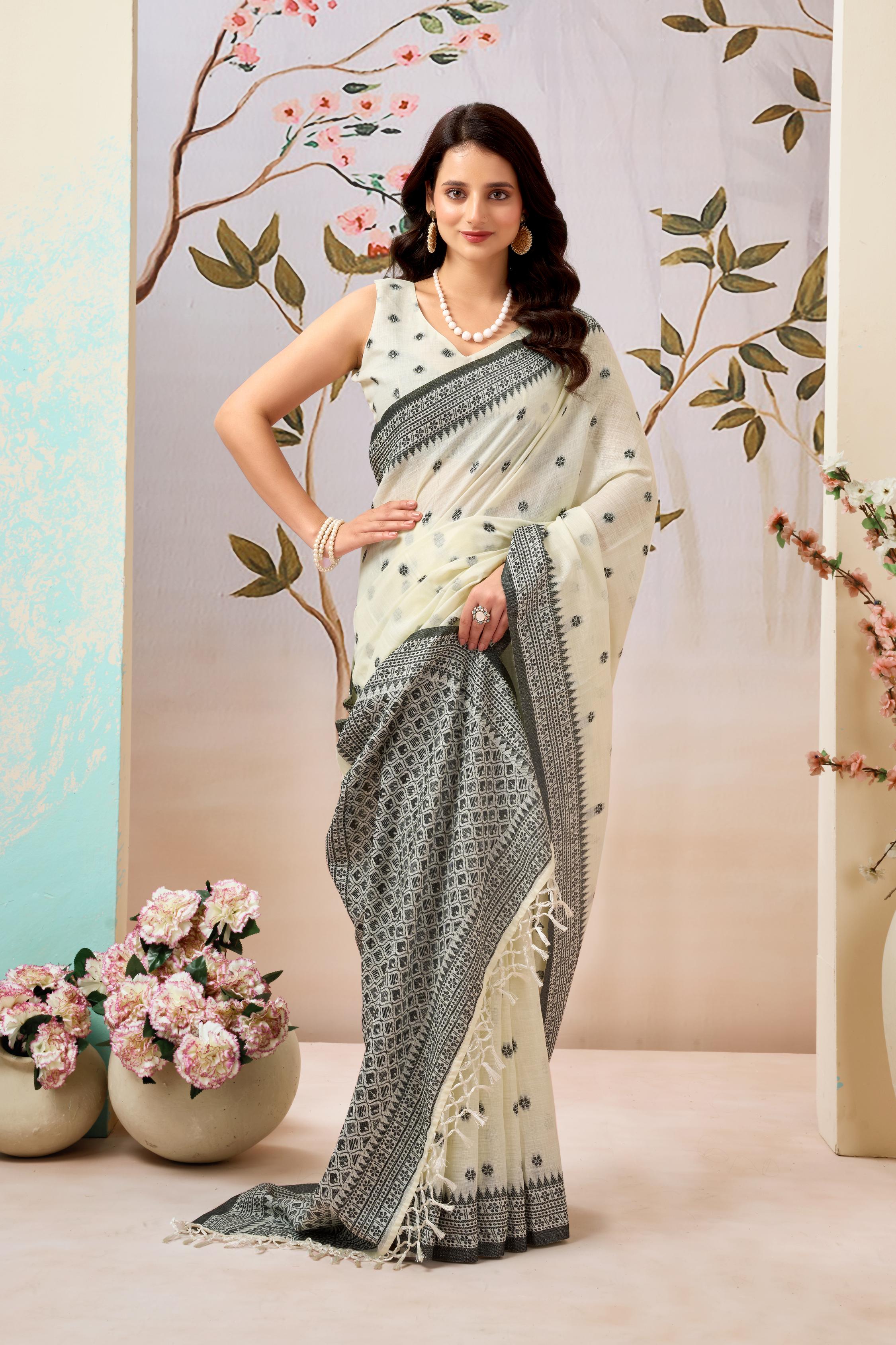 Ivory Pearl Linen Tissue Saree