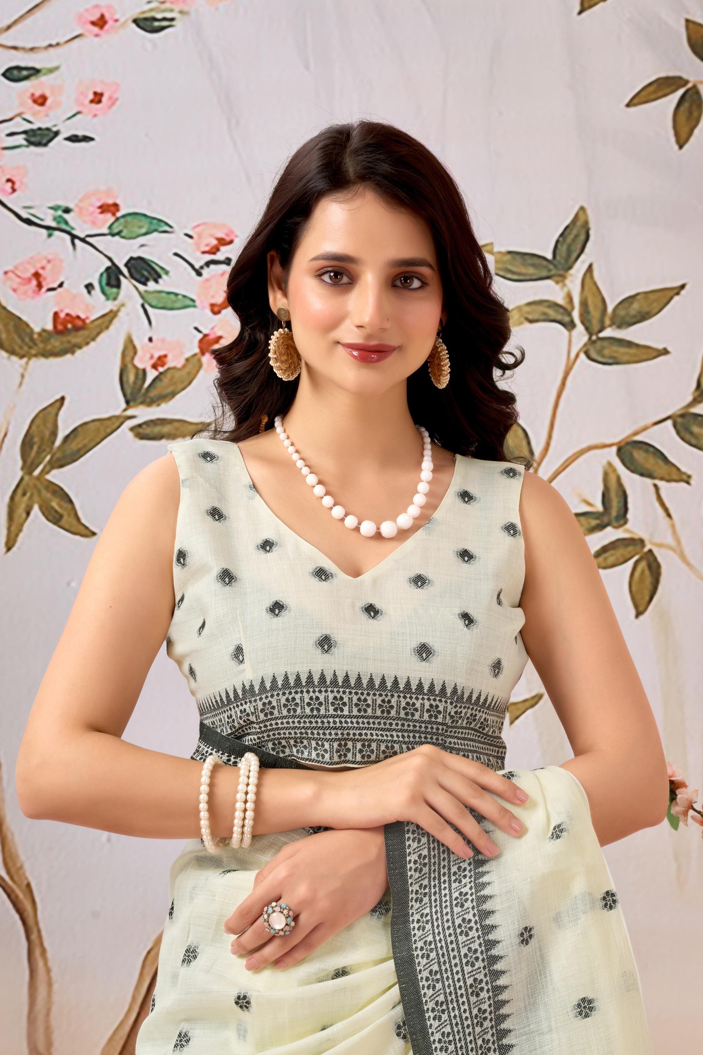 Ivory Pearl Linen Tissue Saree