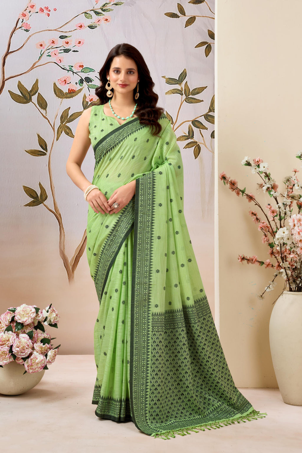 Meadow Green Linen Tissue Saree