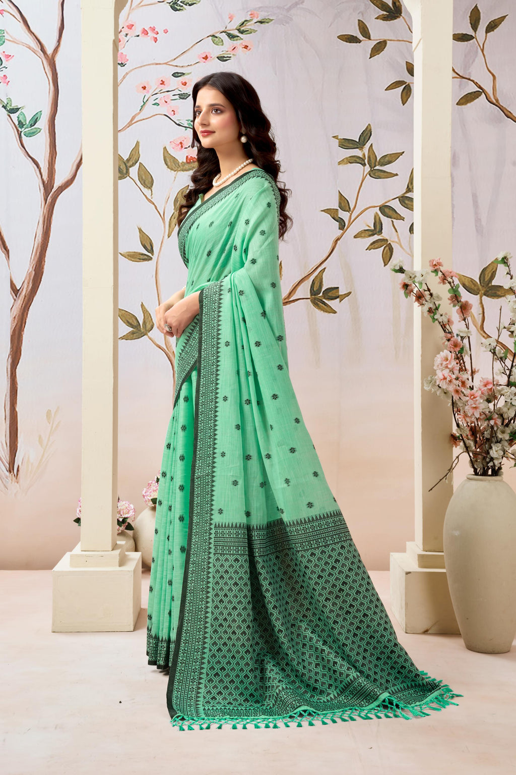 Aqua Mint Linen Tissue Saree
