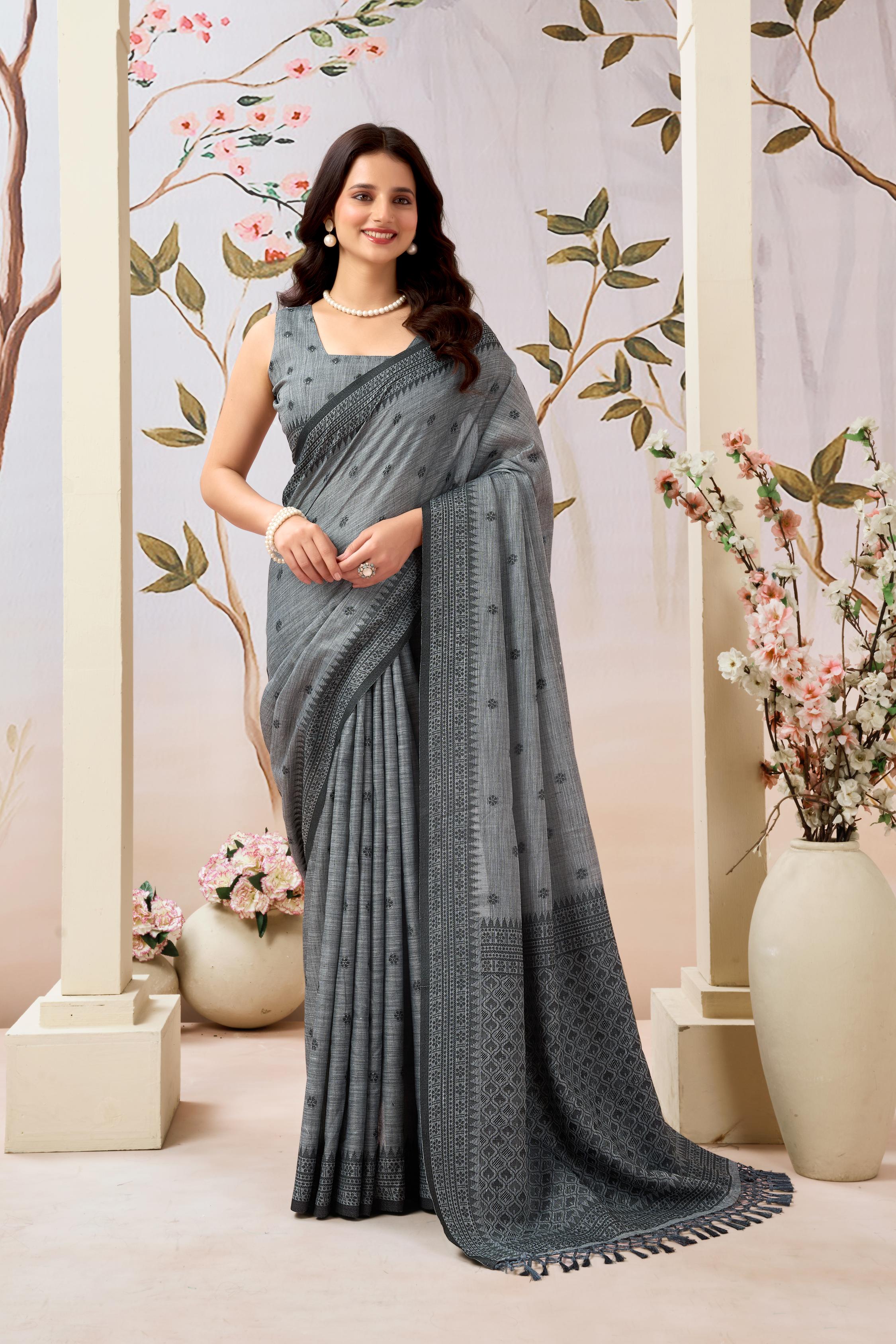 Smoky Grey Linen Tissue Saree