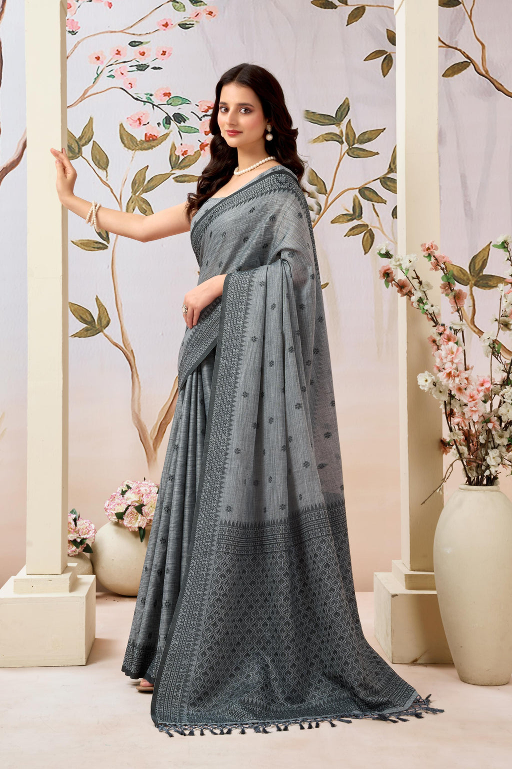Smoky Grey Linen Tissue Saree