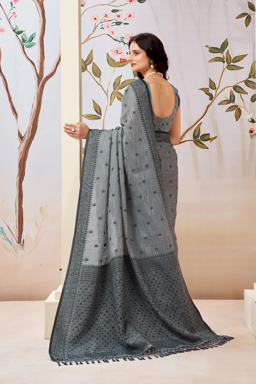 Smoky Grey Linen Tissue Saree