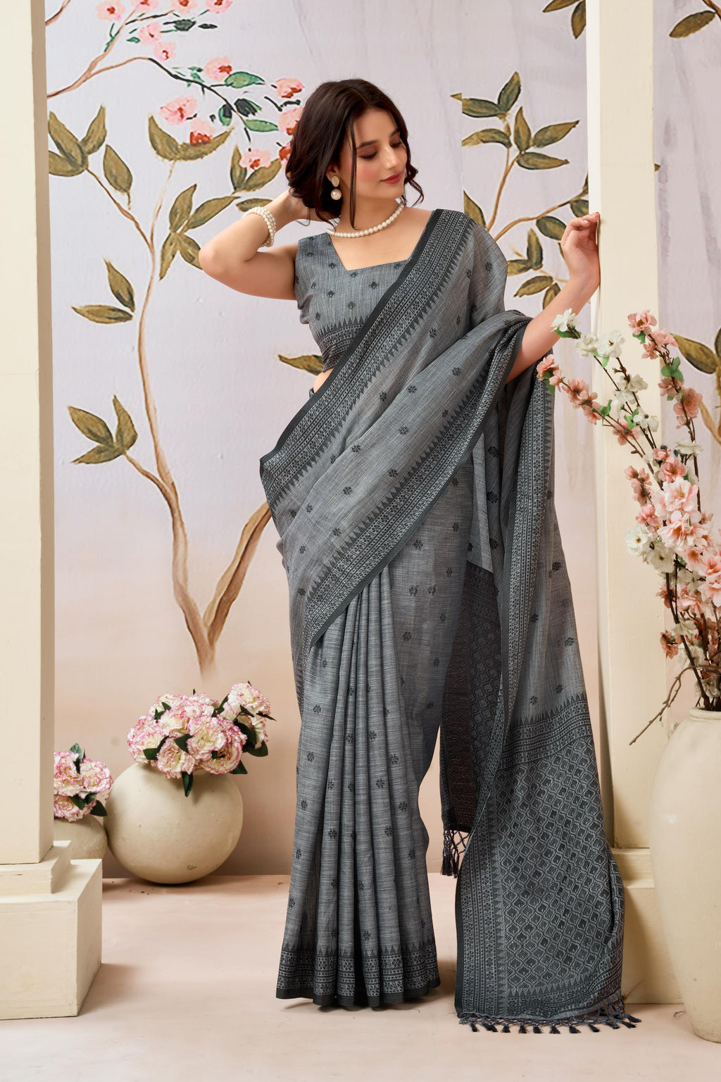 Smoky Grey Linen Tissue Saree