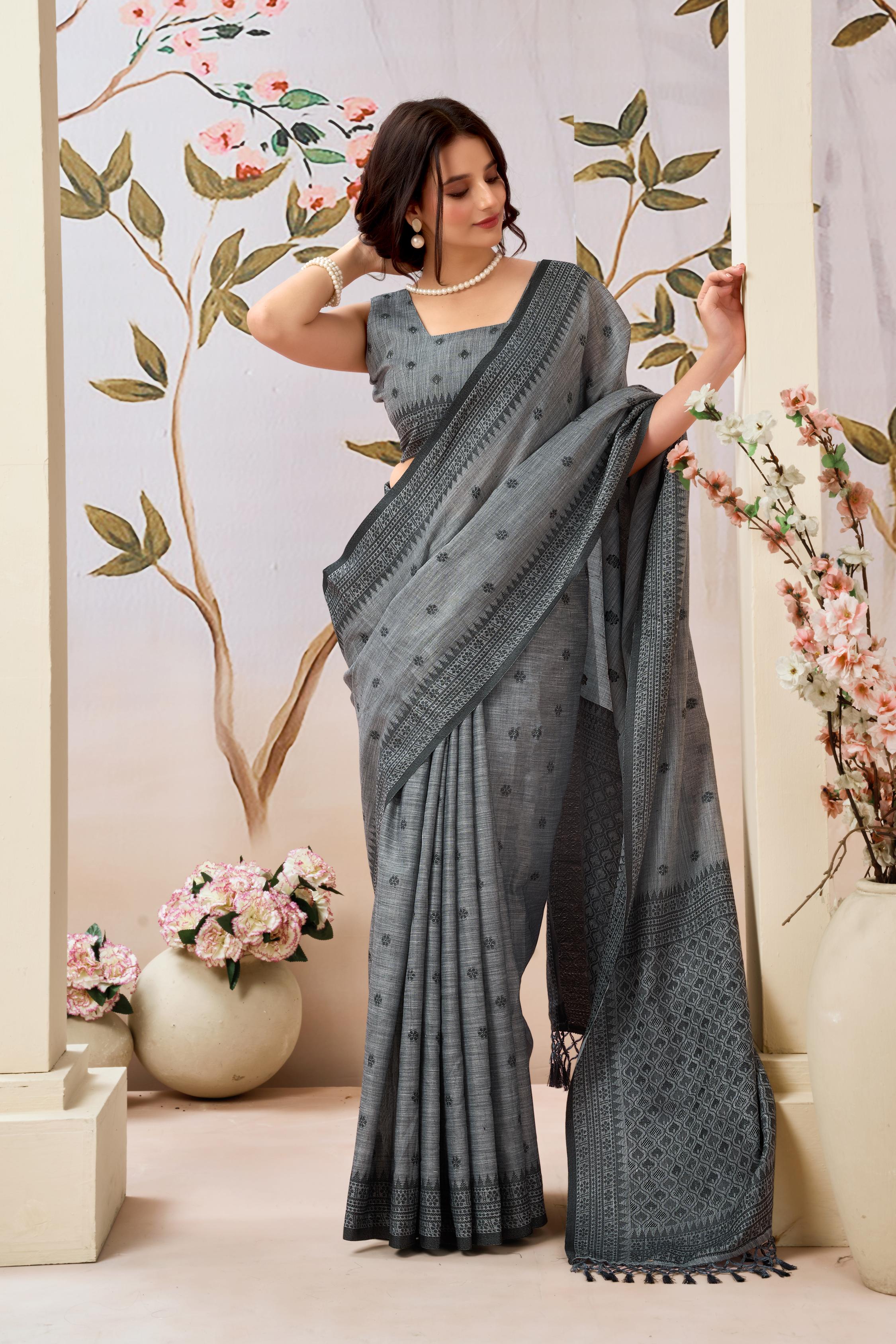 Smoky Grey Linen Tissue Saree