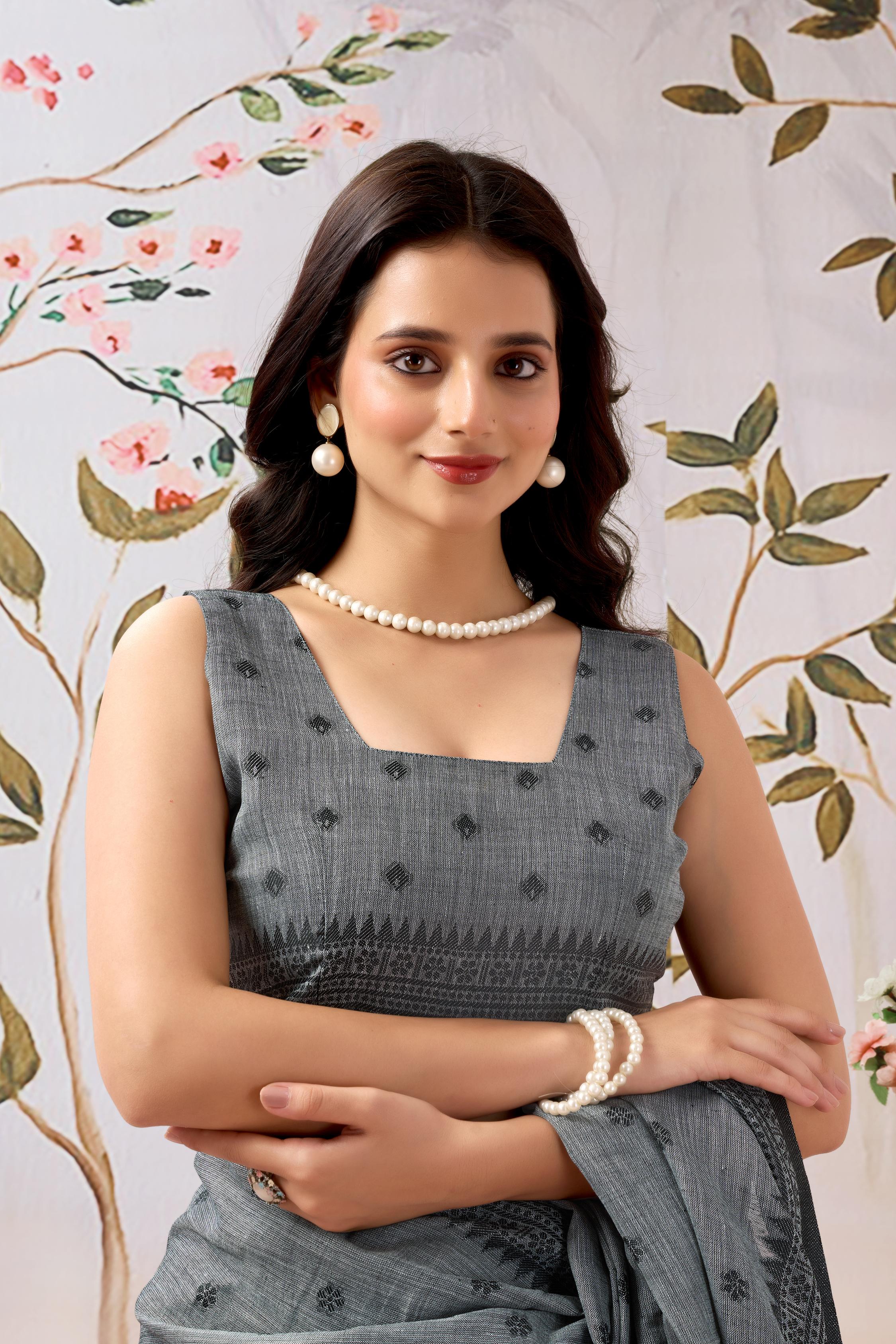 Smoky Grey Linen Tissue Saree