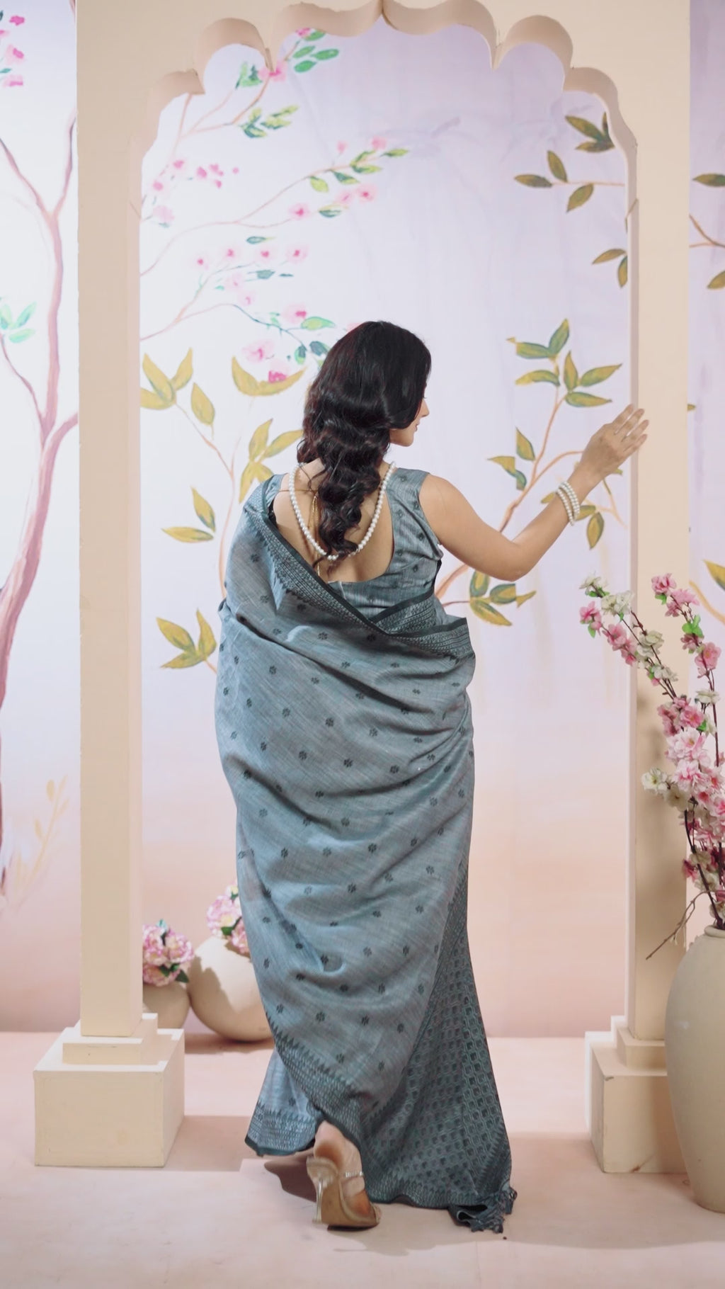 Smoky Grey Linen Tissue Saree